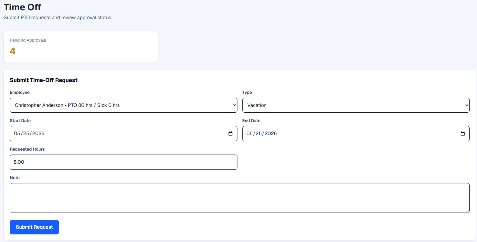 Employee time off management screen